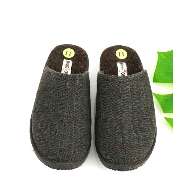 Minnetonka Mens Slipper Size 11 Dark Gray Wool Ghingham Plaid Sherpa Lined Shoe - Picture 1 of 12